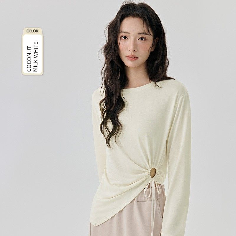 

Modal Yoga Blouse Sexy Cutout Drawstring Loose Breathable Pilates Sports T-shirt Long Sleeve Female Asymmetrical COCONUT MILK WHITE S/M