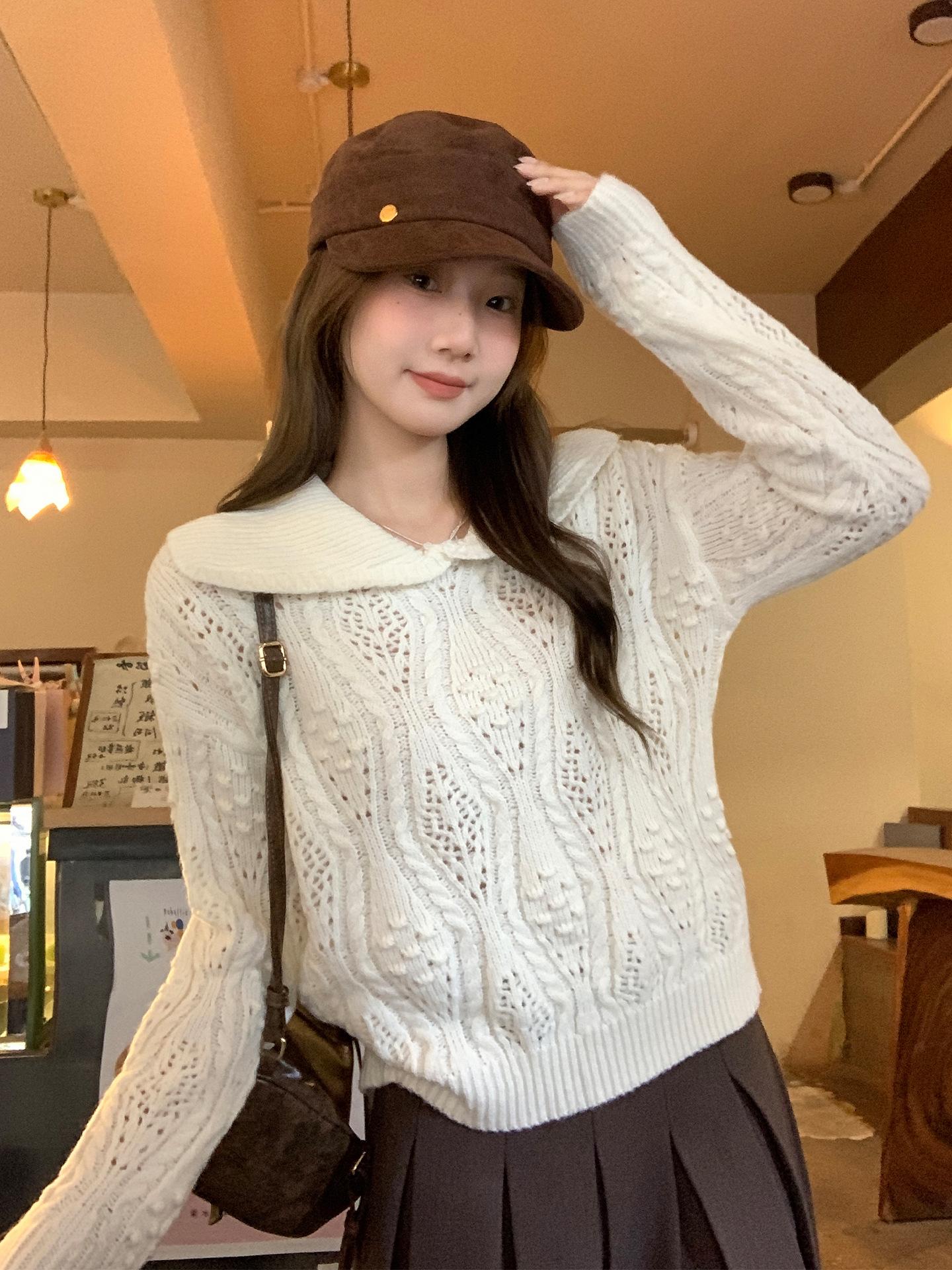 

Off-white lapel hollow-out wear long-sleeved pullover sweater jacket women s autumn and winter knitted bottoming shirt top One size fits all