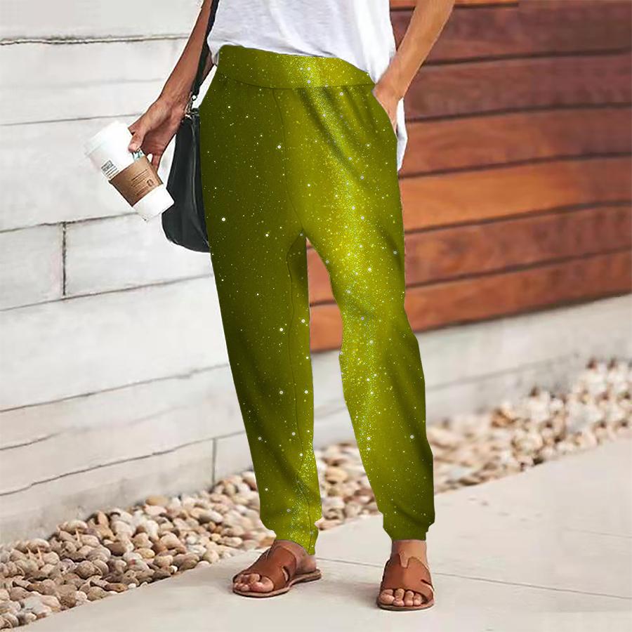 Women Starry Sky Printing Pants Lace Up Elastic Waist Loose  Trousers Casual Long Pants Trousers with Pockets