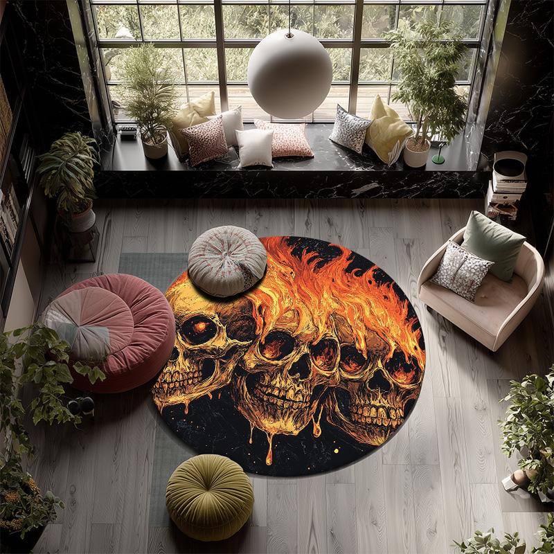 Flaming Skull,Round Area Rug,Carpet Rug for Living Room Bedroom Sofa Playroom Decor,Non-slip Floor Mat