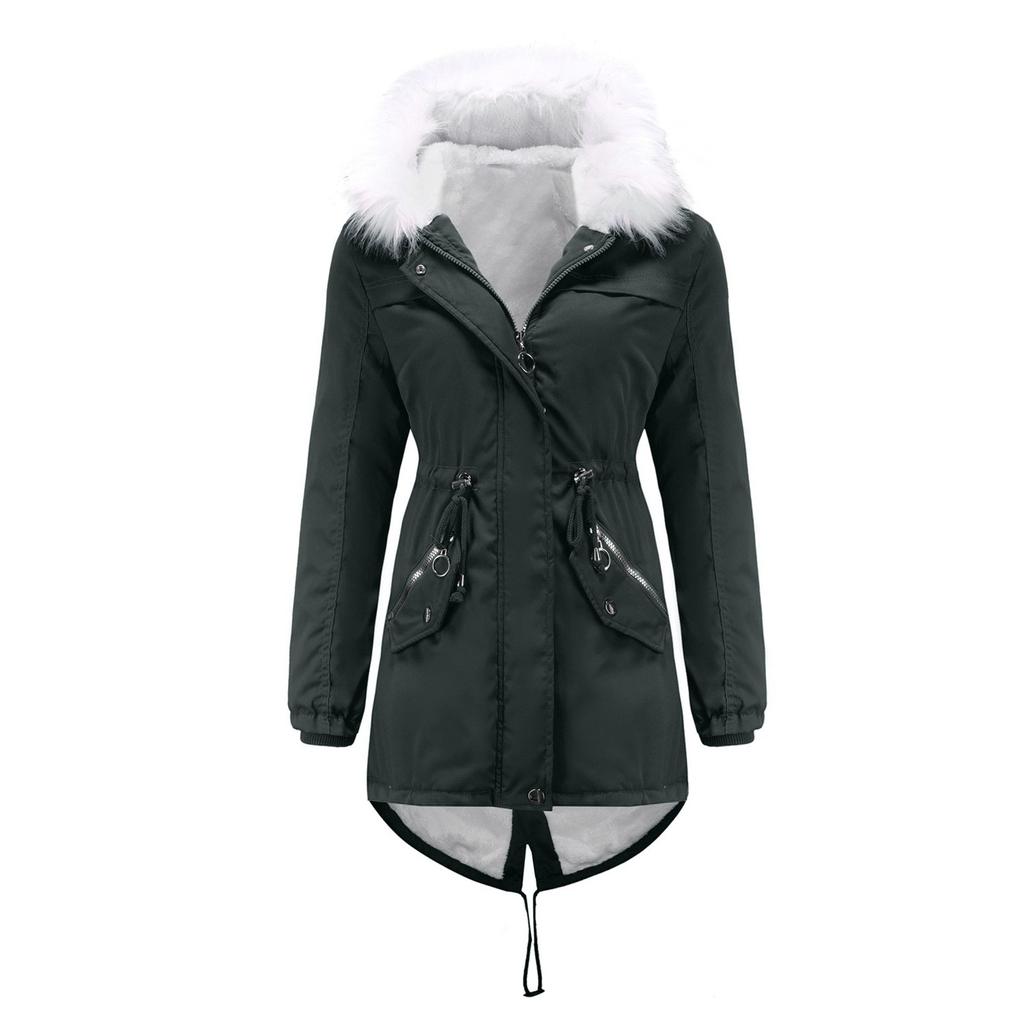 Women's Hooded Plus Velvet Corduroy Coat Ladies Winter Cotton Coat Thickened Mid-length Warm Jacket