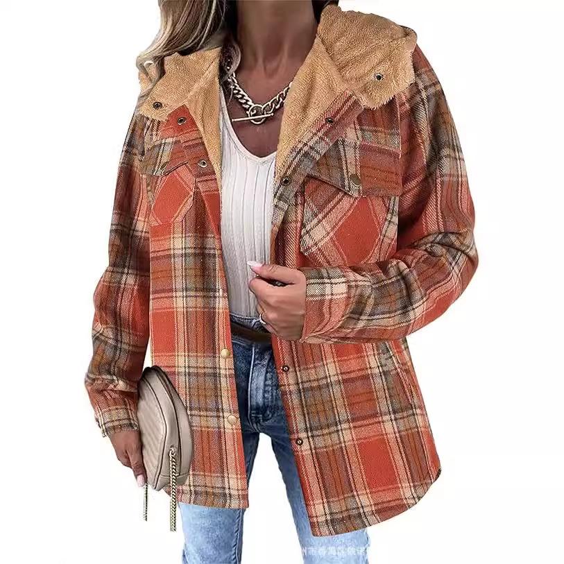 Women's Checkered Plaid Fleece-Lined Jacket, Cozy Outerwear with Soft Collar