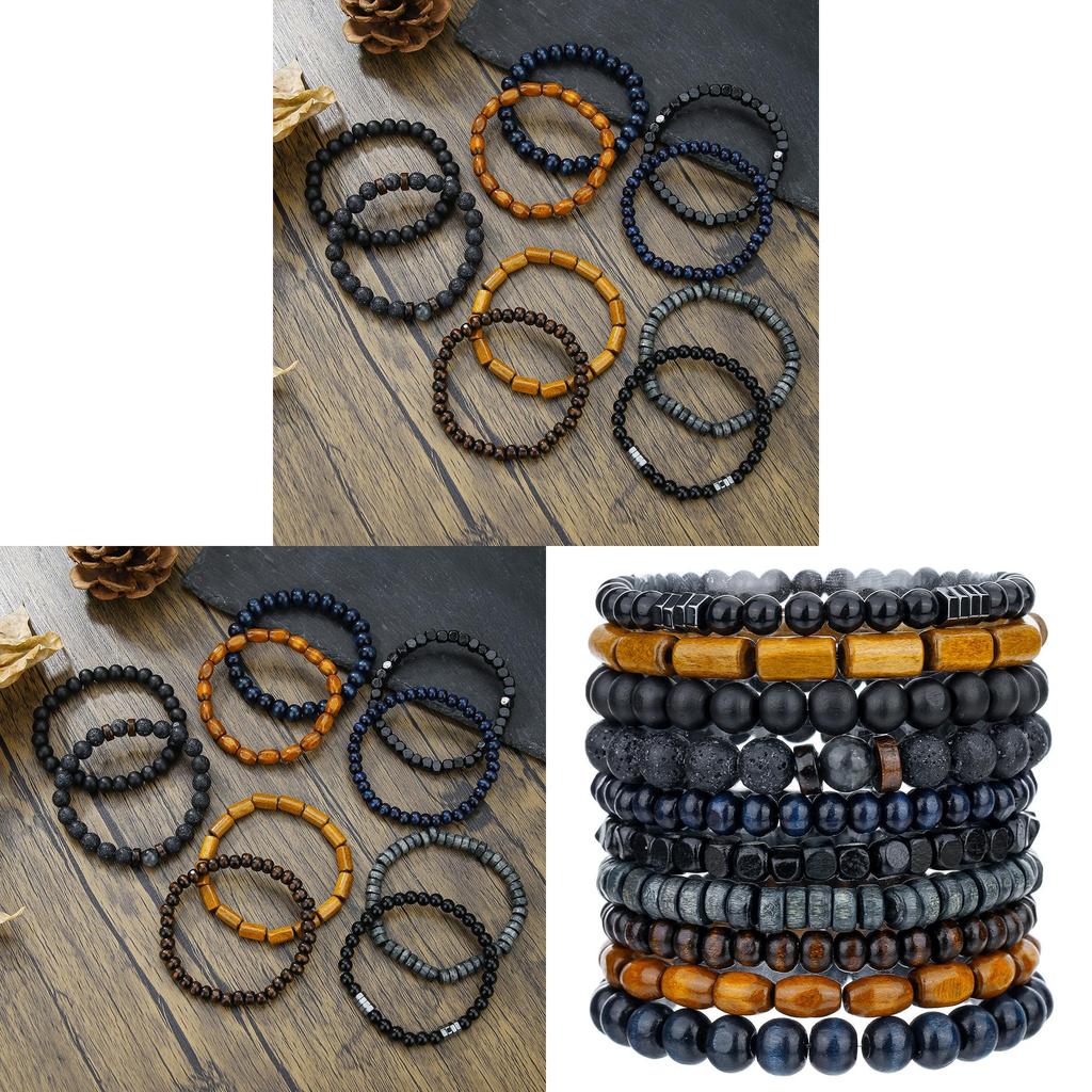 Vintage Wooden Bead Lava Stone Mens Bracelets With Elastic Band For Travel Gift