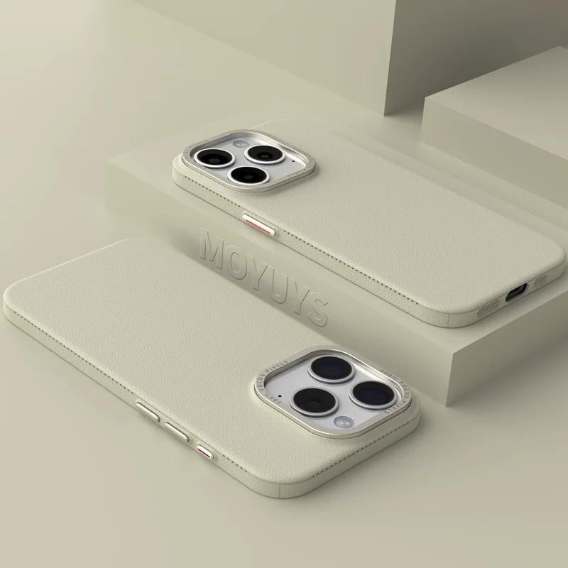 Luxury Metal Camera Protection Leather Texture Case for iPhone 15 14 Plus 13 12 16 Pro Max Soft Silicone Matte Shockproof Cover