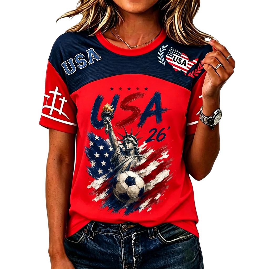 Women’s Casual Short Sleeve Pullover Crewneck Top with Soccer Graphic and USA Letter Print for Everyday Wear