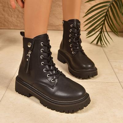 Schwarze PU-Leder Motorradstiefel Damen Mode Schnürung Plateau Knöchelhohe Stiefel Damen Übergröße 42 Reißverschluss Gothic Schuhe Damen
