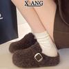 Leather thick-soled outer wear bag head half slippers autumn and winter new one-pedal lazy shoes fluffy shoes