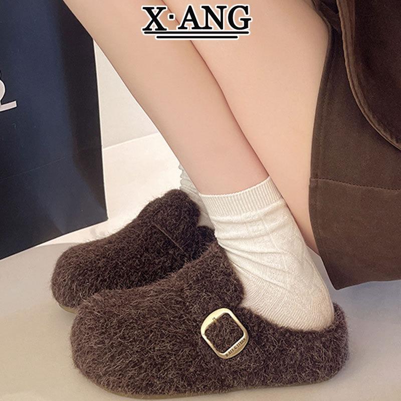Leather thick-soled outer wear bag head half slippers autumn and winter new one-pedal lazy shoes fluffy shoes