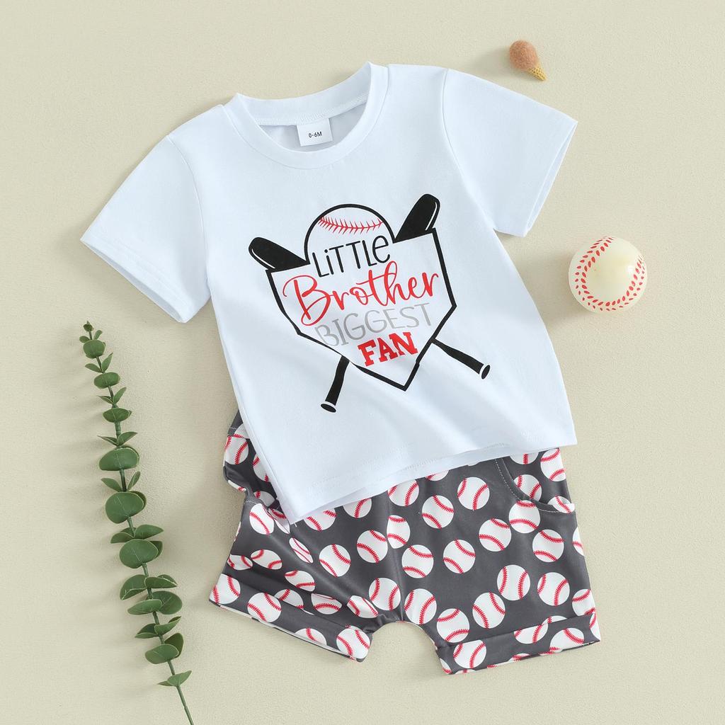 Småbarn gutteshortssett 3 6 12 18 24 måneder 3 år Brevtrykk Kortermet T-skjorte med rund hals og baseballmønster Shorts 2 stk.
