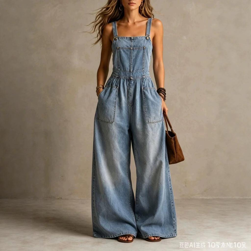 Tuta di jeans a gamba larga da donna, salopette con pettorina larga, bretelle regolabili, vestibilità casual larga, pantaloni lunghi con tasca