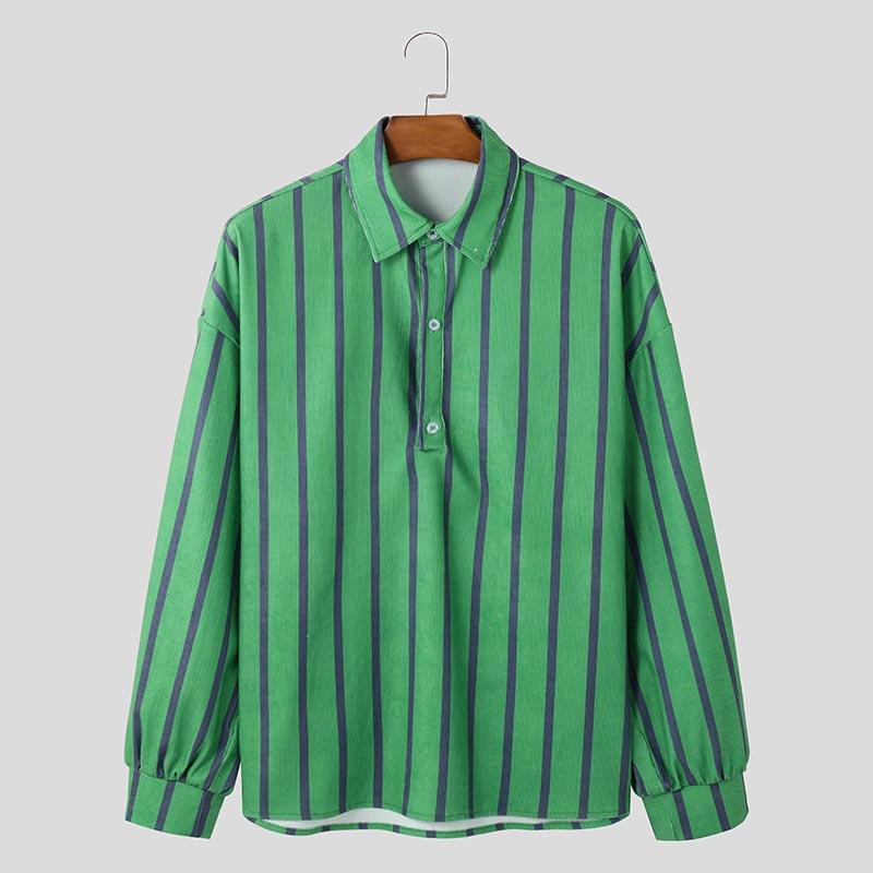 INCERUN Мужские свободные рубашки с длинным рукавом на пуговицах в полоску повседневные рубашки S зелёный