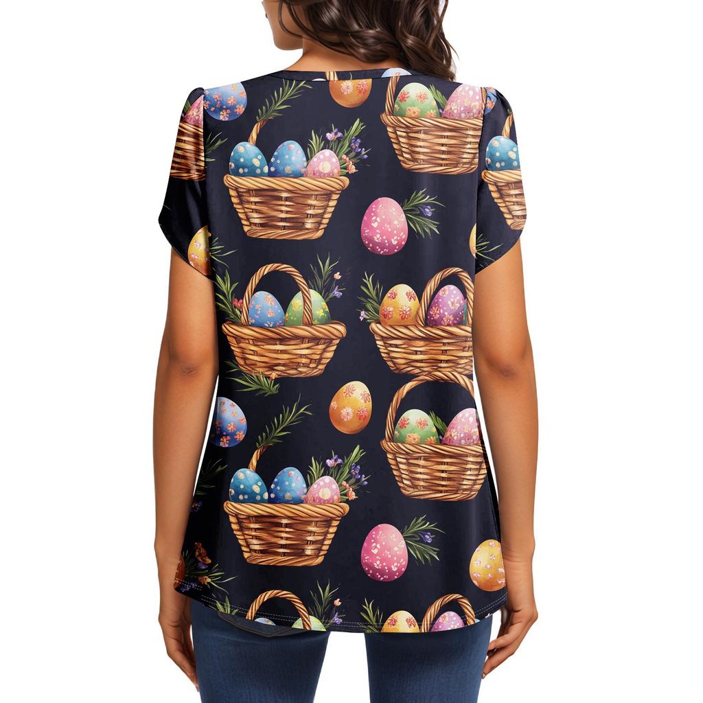 Women's Fashionable Round Neck Short Sleeve Printed Casual Basic Pleated Pullover T-shirt Top