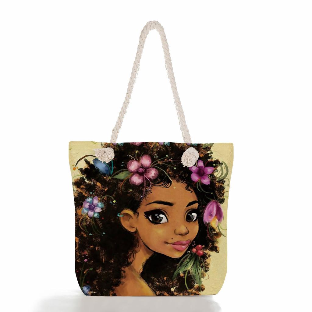 Multifunctional Black Girl Printed Thick Rope Shoulder Beach Bag Casual Large Capacity Handbag 0105