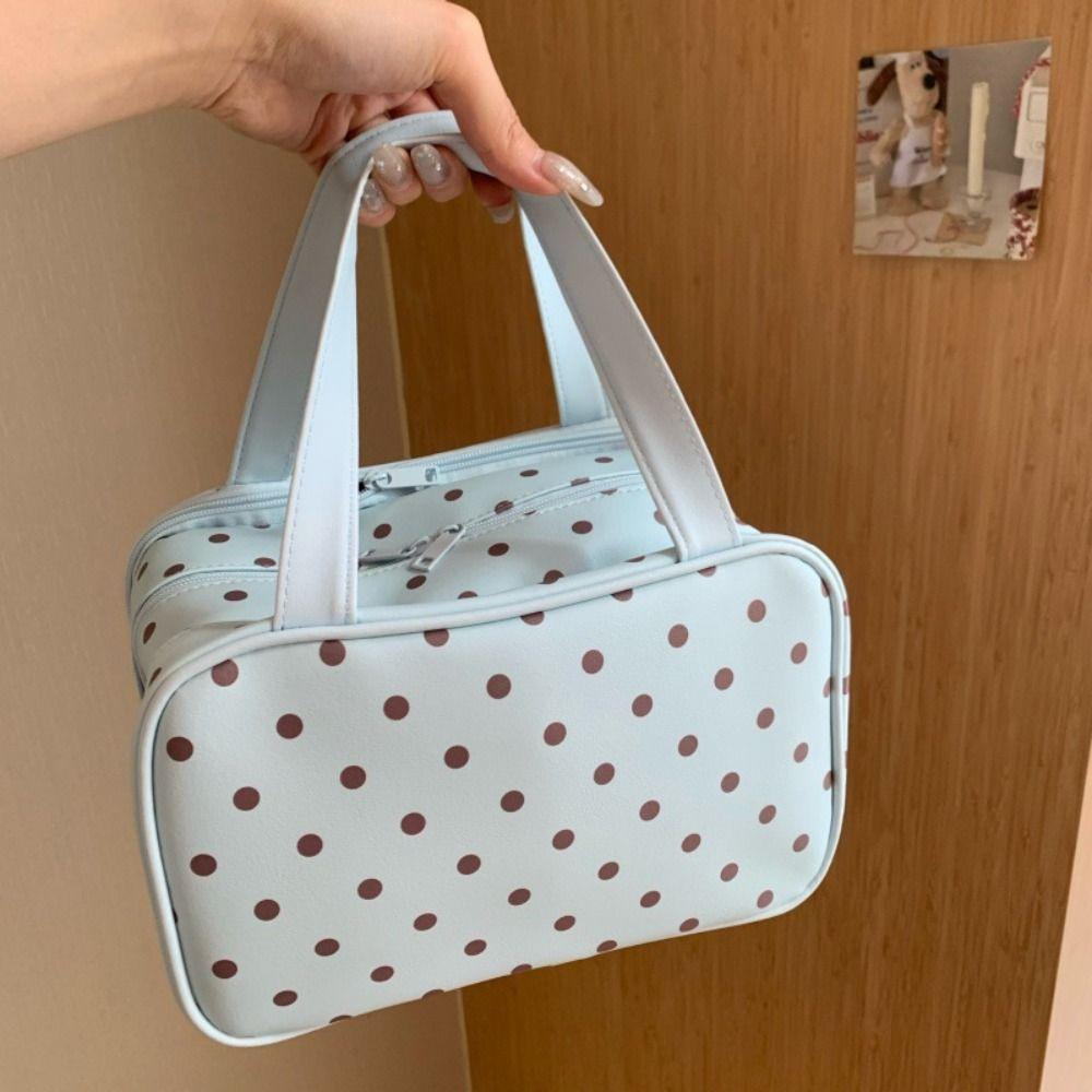 Polka Dot Pu Cosmetic Bag Three Layer Partition Toiletry Organizer Bag Travel Tote  Business
