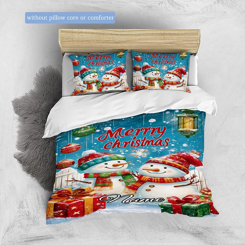Beautifulchristmastwosnowman Customize Your Name Duvet Cover Soft Bedding Set For Bedroom Guest Room And Dorm Decoration Threepiece Set Includes 1