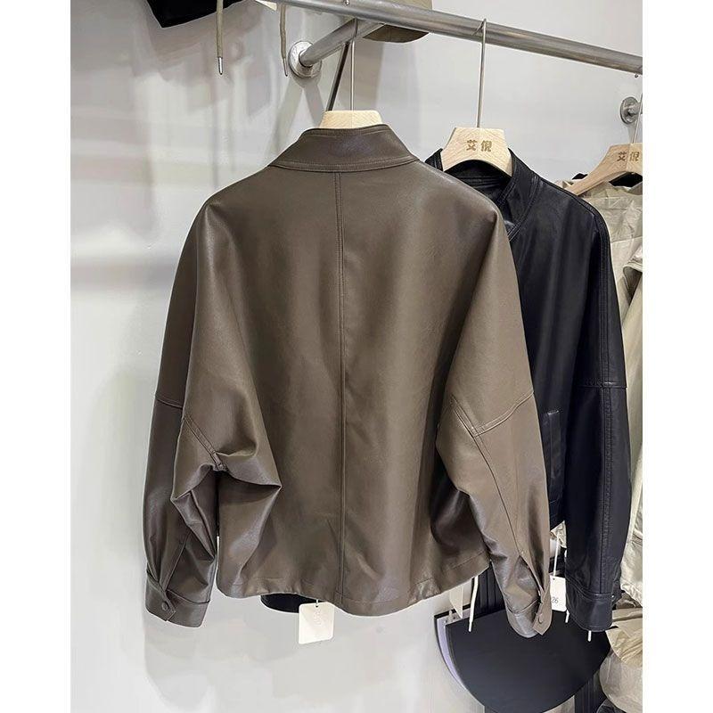Casual temperament locomotive leather jacket women's autumn high sense stand-up collar loose jacket fashion brown