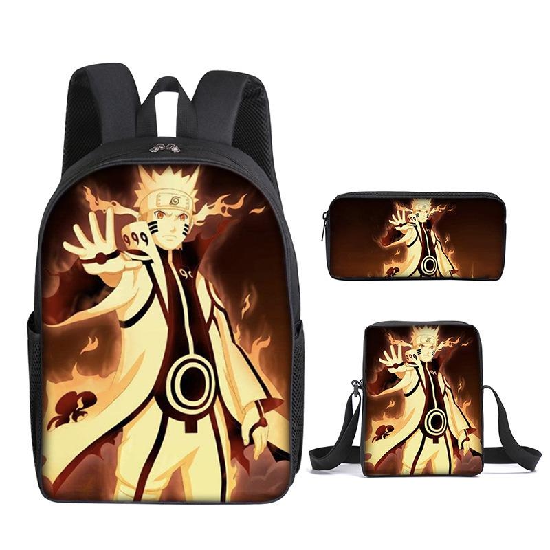 Naruto Naruto Rucksack Dreiteiliges Set, Schulranzen für Grund- und Sekundarschule, Umhängetasche, Messenger Bag, Federmäppchen.
