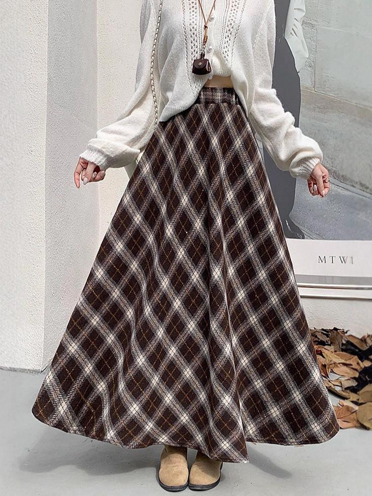 Thickened Warm Wool Retro Plaid Umbrella Skirt - 2025 Autumn/Winter Collection