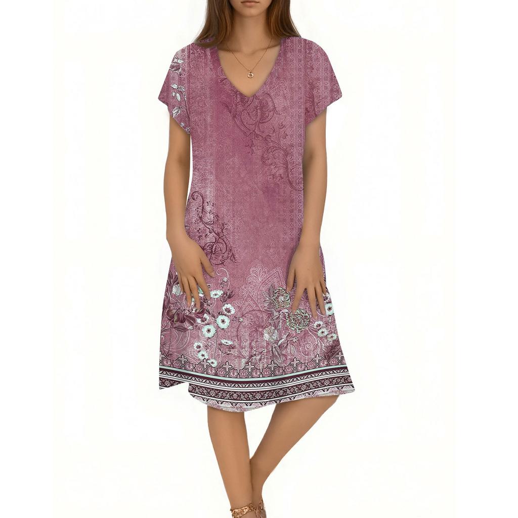 Women's Casual Fashion V-Neck Short Sleeve Floral Print Midi Flowing Dress