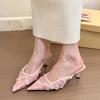 Spring Summer Pointed Toe Women Muels Slippers Fashion High Heels Party Dress Ladies Flower Slides Shoes
