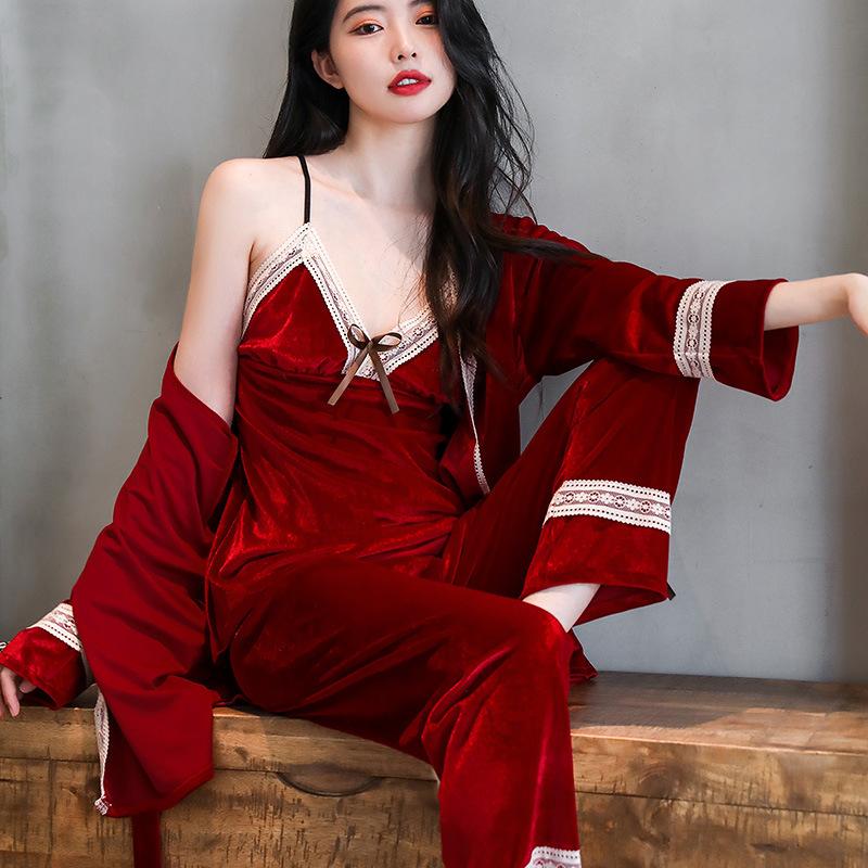 

Пижамный комплект из 3 предметов, теплая бархатная пижама, женская домашняя одежда, осенне-зимняя пижама, сексуальные кружевные топы и брюки, домашняя одежда 2XL