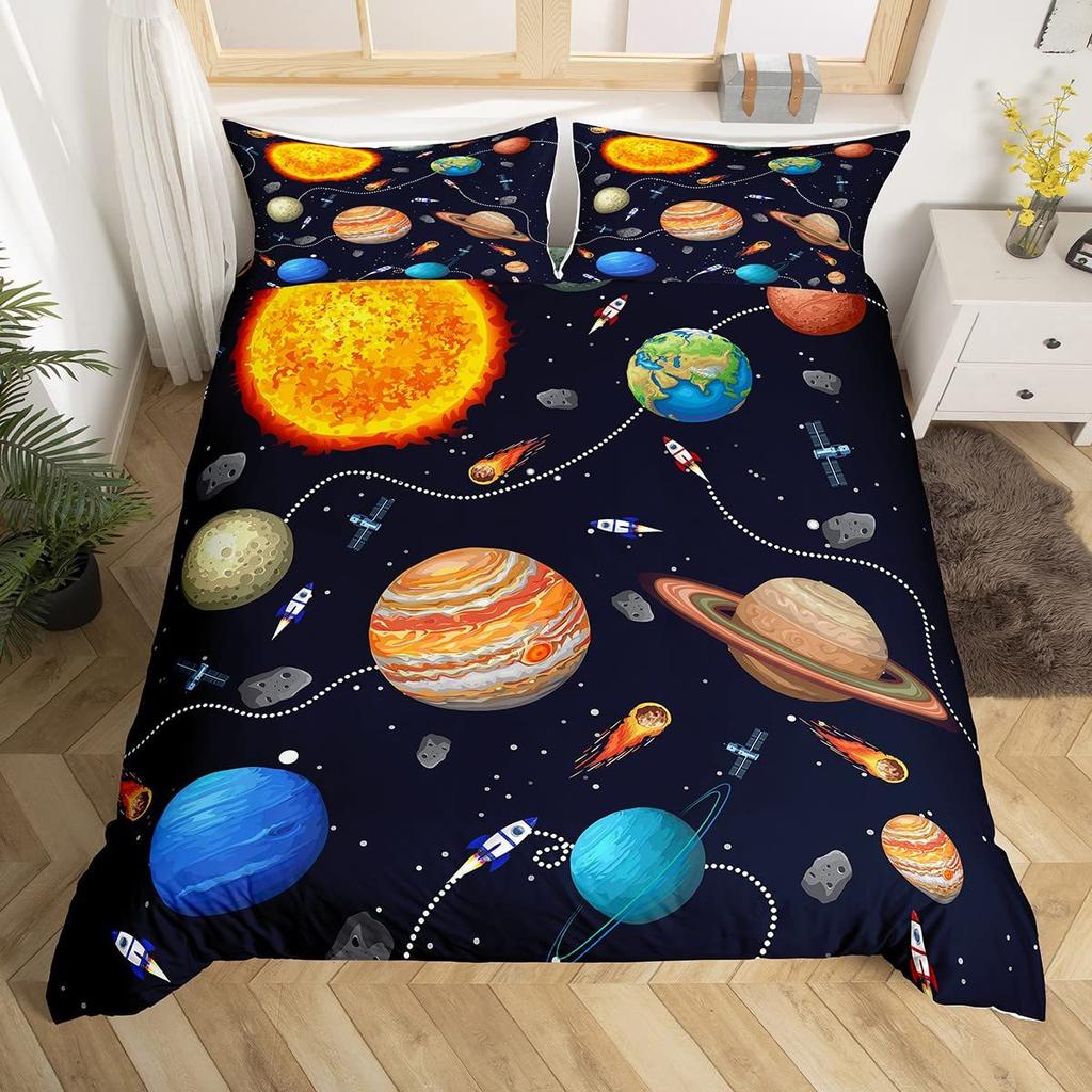 Solar System Duvet Covers Set for Kids Outer Space Galaxy Bedding Set Universe Planets Comforter Cover Astronomy Quilt Covers