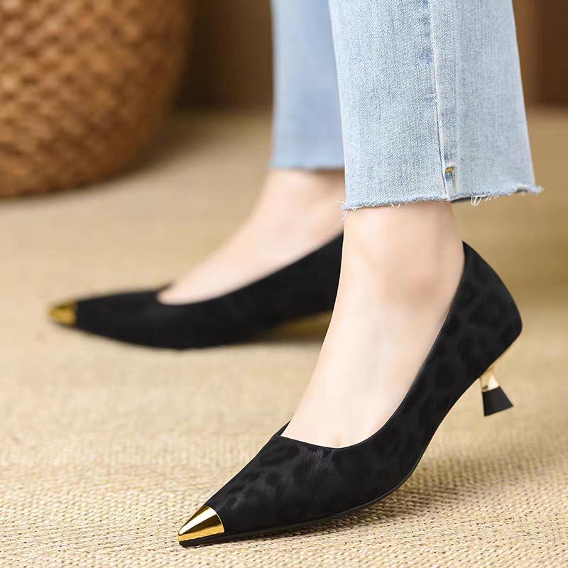 Stiletto Single Shoes Autumn New Metal Pointed Toe Shallow Mouth Leopard Print Slip Anti-slip Wear-resistant Kitten Heels