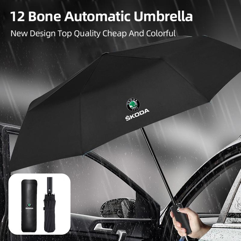 2025 New For Skoda 12 Bone Car Automatic Folding Umbrella Sunshade Accessories Rapid Kodiaq Karoq Fabia Kamiq MK3 Roomster Enyaq