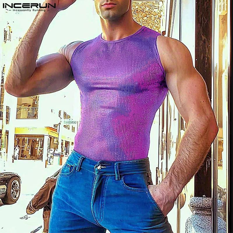 

INCERUN Men Summer Round Neck Glitter Sleeveless Casual Skinny Tank Tops 3XL фіолетовий