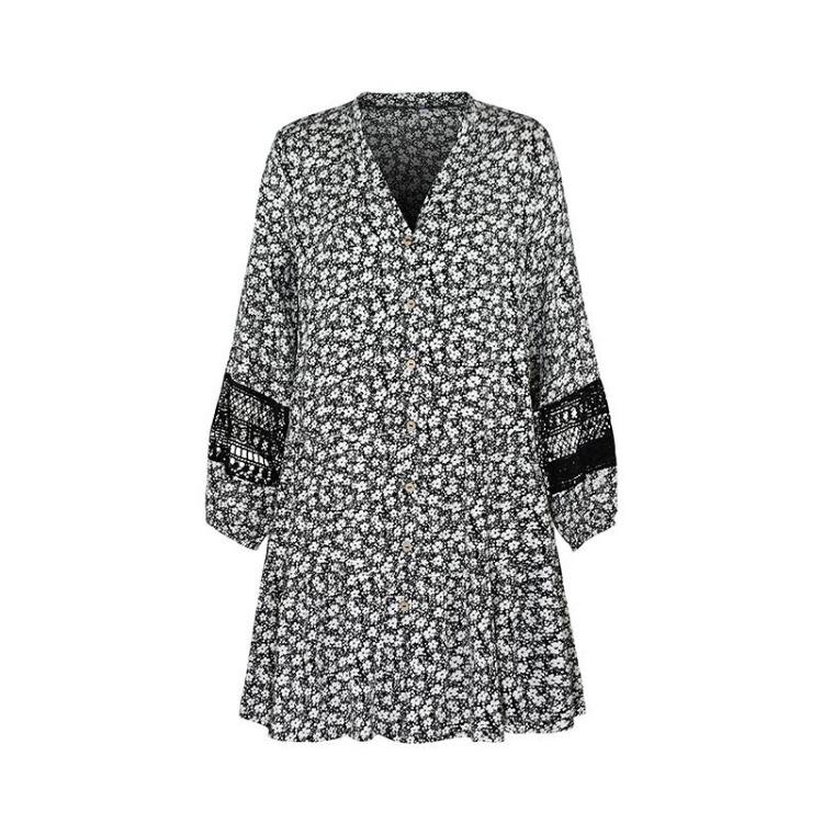 Women Floral Print Mini Dress Casual Loose Waist V-Neck Hollow Out Full Sleeve Above Knee Single Breasted Spring Summer S-XL