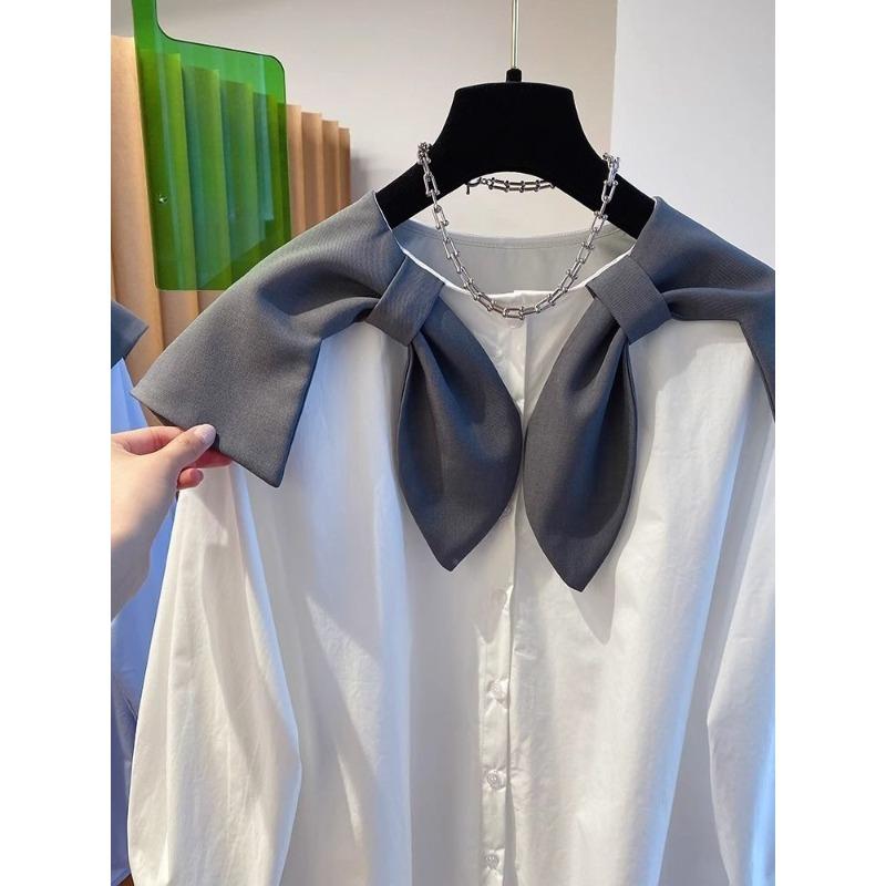 Navy Collar Patchwork Shirt for Women New Loose Fashionable Blue Long Sleeved Tops Female's Chic Single Breasted Shirts