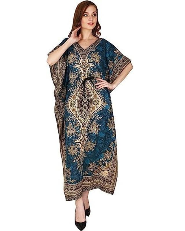 TreegoArt Fashion Women's Polyester Long Kaftan Caftan Printed Adjustable Boho Dress Nightwear Maxi Gown
