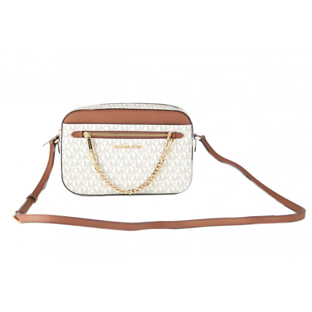 

Michael Kors Jet Set Item Большая кожаная женская сумка через плечо с цепочкой на молнии East West Signature, цвет слоновой кости