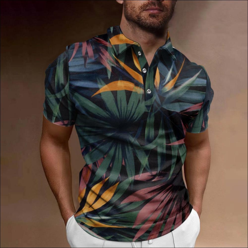 Hawaiian Style Short-Sleeve Polo Shirt, Palm Tree Print, Casual Summer Wear