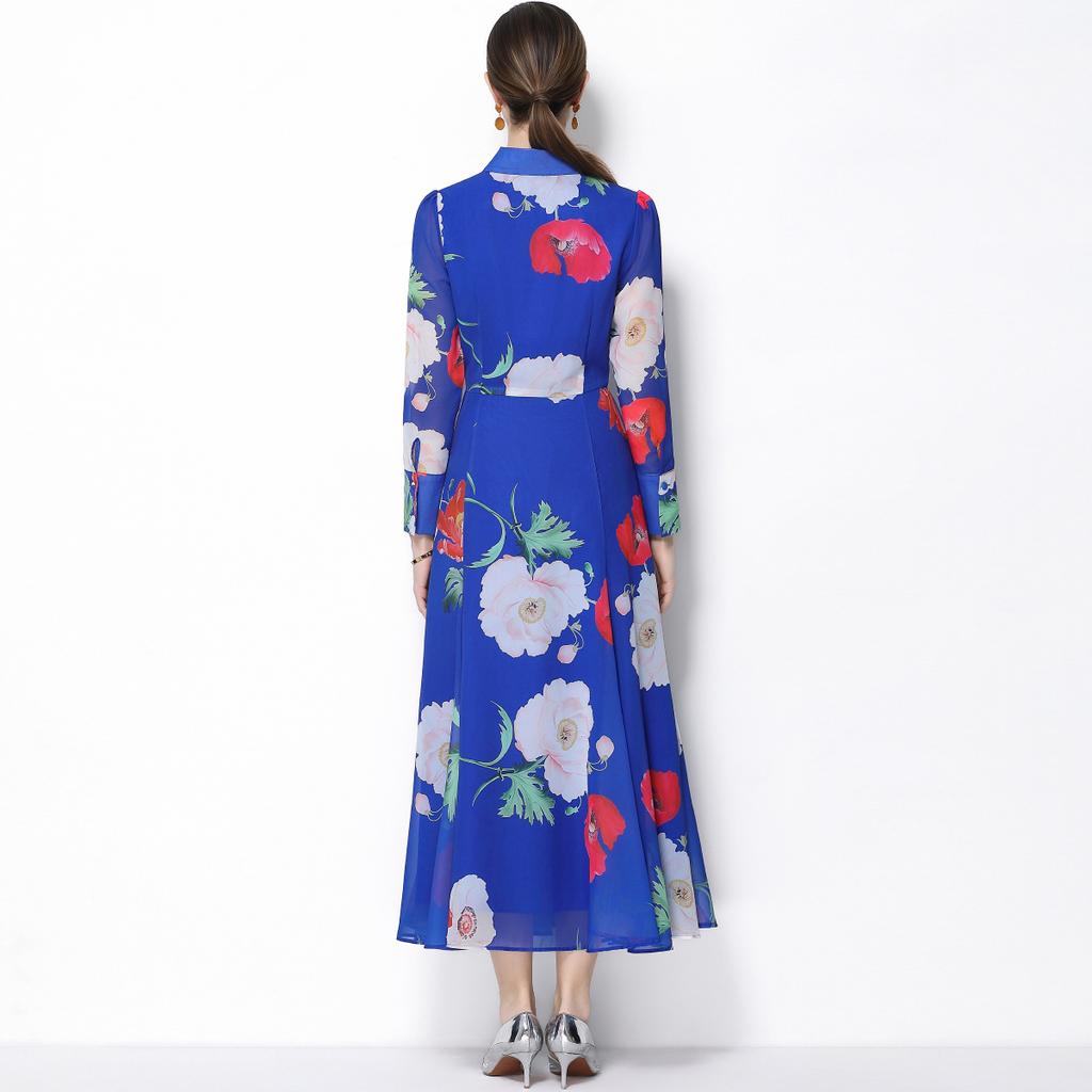 Spring Clothing for Women 2026 New Style High-End Flower Printed Belt Slim-Fitting Long French Long Sleeve Chiffon Maxi Dress