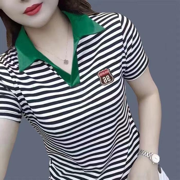 Polo Shirt Short-sleeved T-shirt Women's Summer New Striped Slim and Fashionable Versatile Top