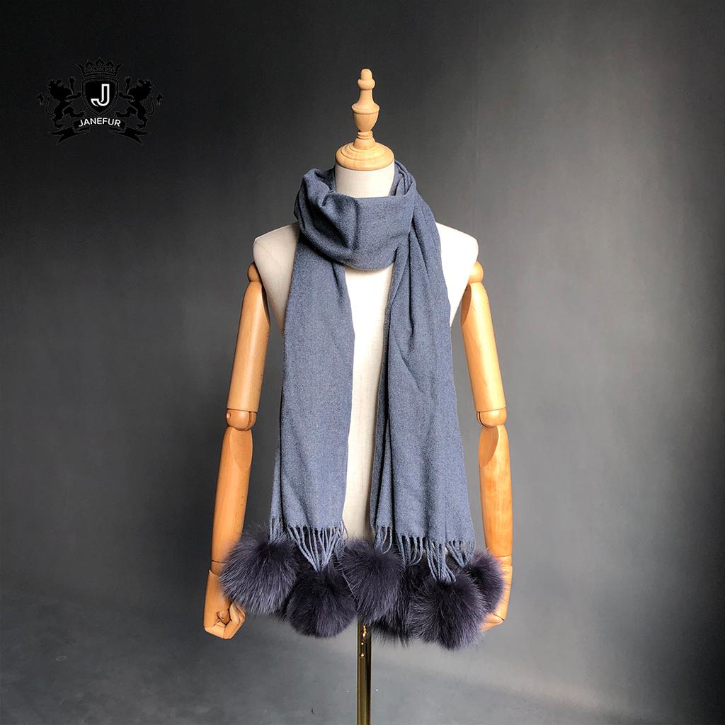 Factory Direct Pashmina Shawl Women Cashmere Scarf Shawl With Fox Fur Pompoms