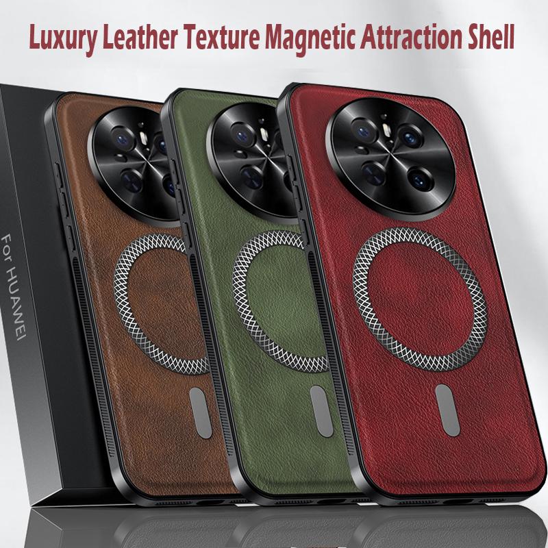 Luxuriöse PU-Lederhülle für Huawei Mate 70 60 50 40 30 Pro Pro+ 50 E Magsafe Magnetischer Metallring Linsenschutz Stoßfeste Hülle