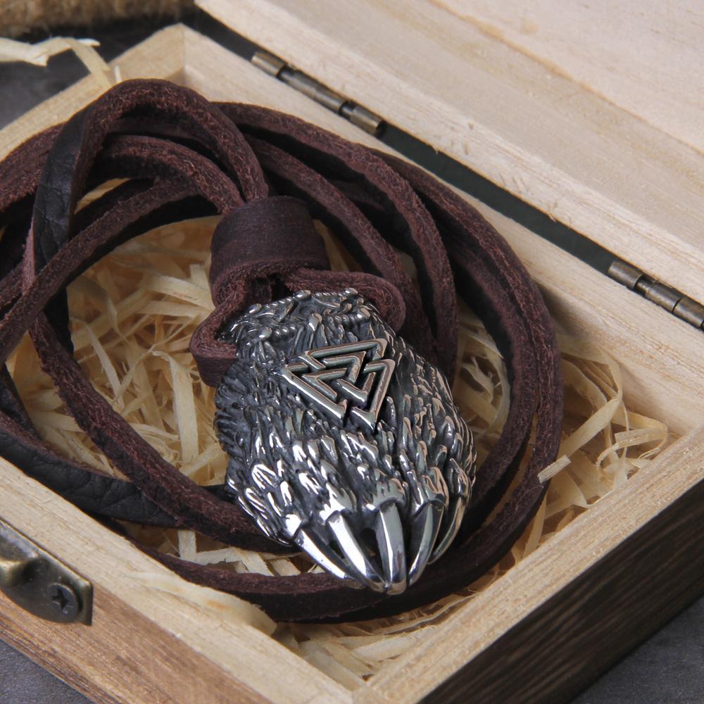 Nordic Viking Bear Claw Valknut Necklace Stainless Steel Pendant with Wooden Box Mens Gift Vintage Jewelry
