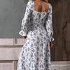 Floral Square Neck Dress - Long Sleeve Slit Hem Maxi