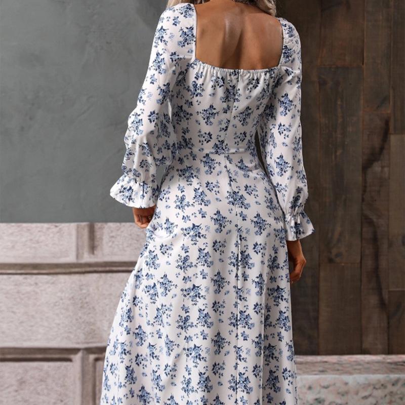Floral Square Neck Dress - Long Sleeve Slit Hem Maxi