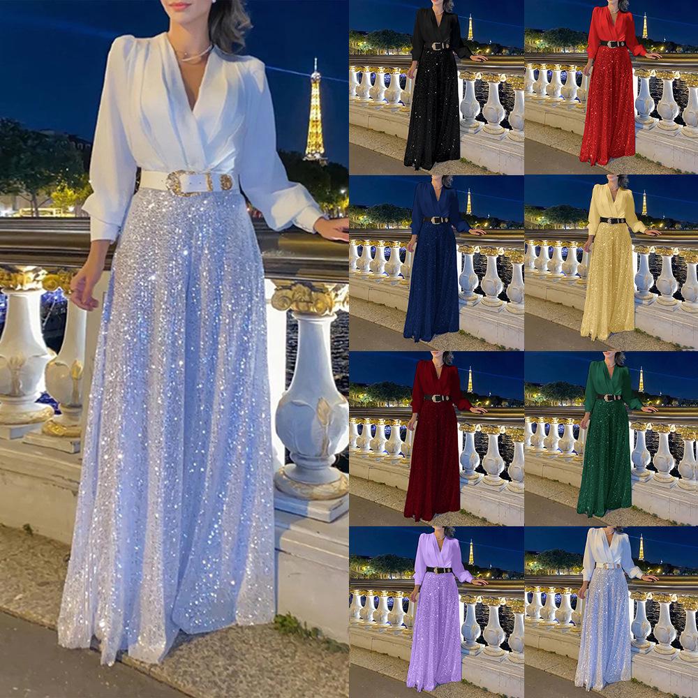 European & American Fashion V-neck Long-Sleeve Shirt with Wide-Leg Sequin Pants and Belt - Elegant Waist-Slimming Design