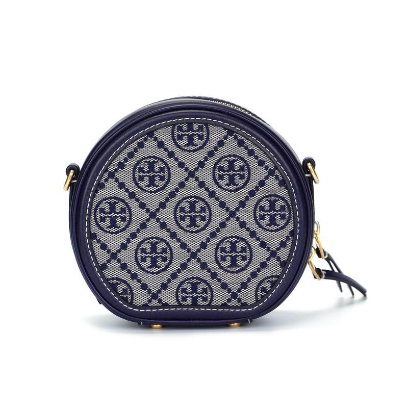 TORY BURCH Tang Liboqi T Monogram presbyopia printed compact jacquard leather round cake bag crossbody bag mini women's navy blue 88027-405