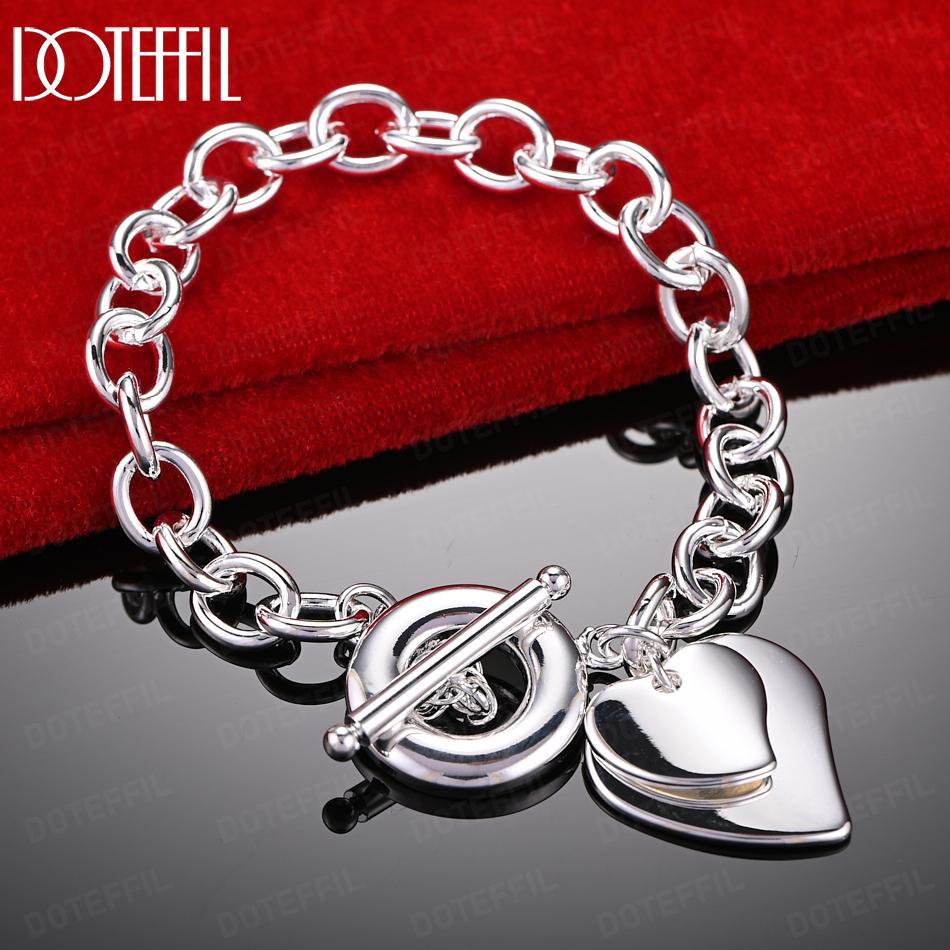 925 Sterling Silver Double Heart Bracelet Wedding Gift Jewelry