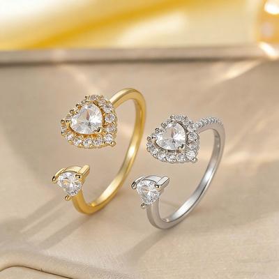 Luxury Cubic Zirconia Heart Shaped Opening Adjustable Rings For Women Personality Love Charms Ring Wedding Jewelry Accessories .