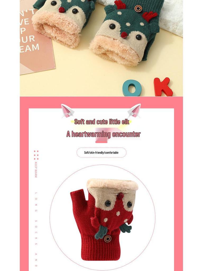 Korean-Style Cute Cartoon Fawn Flip Gloves for Students – Warm, Cold-Proof Gloves for Autumn and Winter Riding & Writing