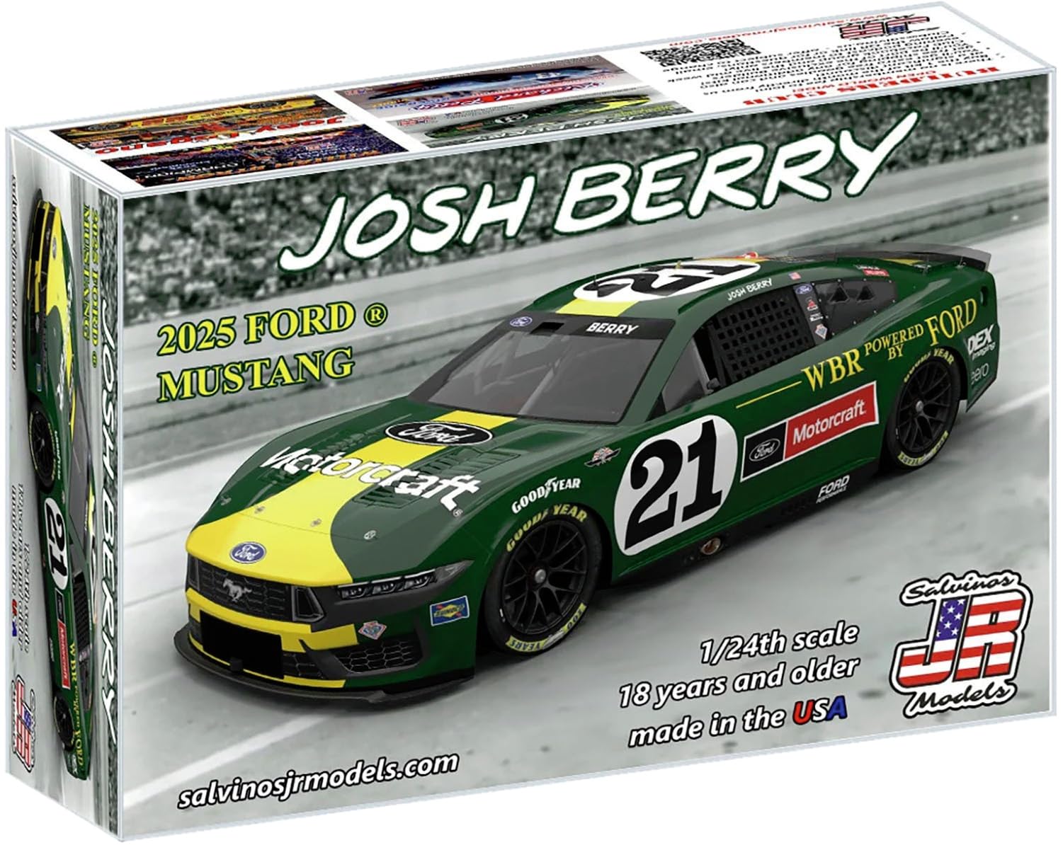 

Salvinos JR Models Джош Берри Wood Brothers Racing Kieme Ford Mustang NASCAR 2025 Пластиковая модель автомобиля WBF2025JBD 1/24 #21 Slow-Bass (Машина)