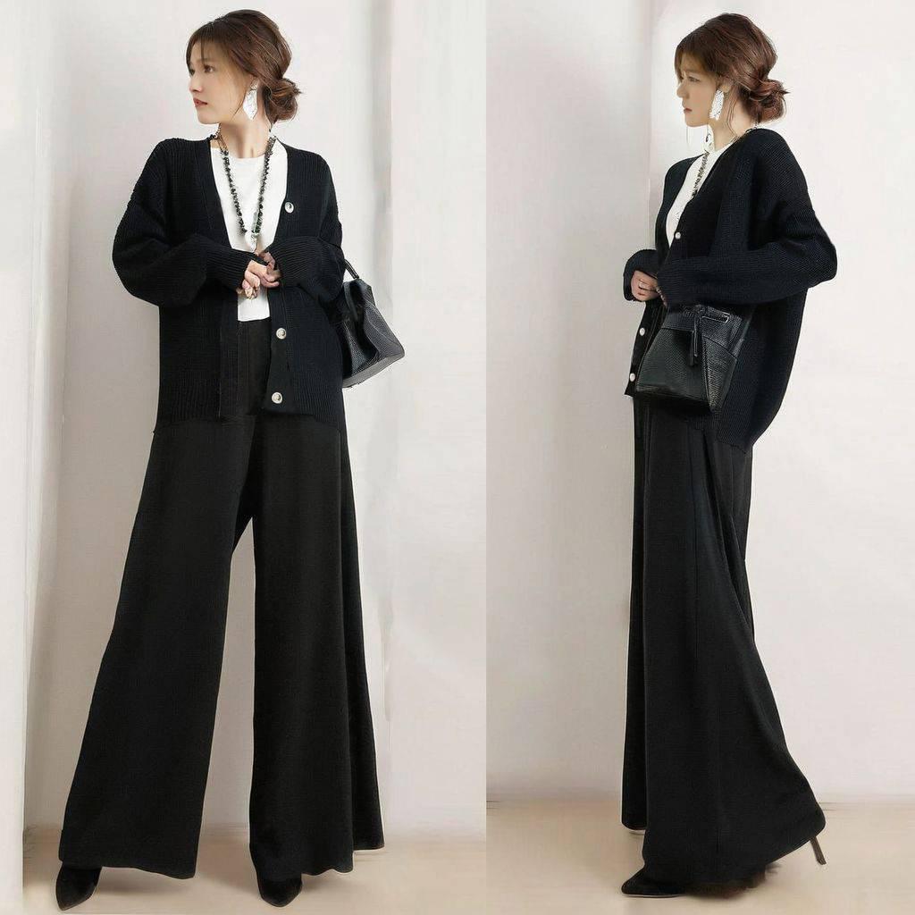 

2026 Japanese Autumn V-Neck Cardigan & Elastic Waist Wide-Leg Pants Set Small