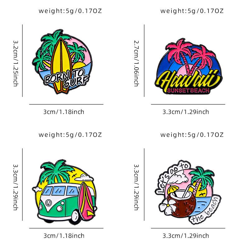 Let's Go To Beach Enamel Pins Born To Surf Coconut Tree Hawaii Sunset Brooches