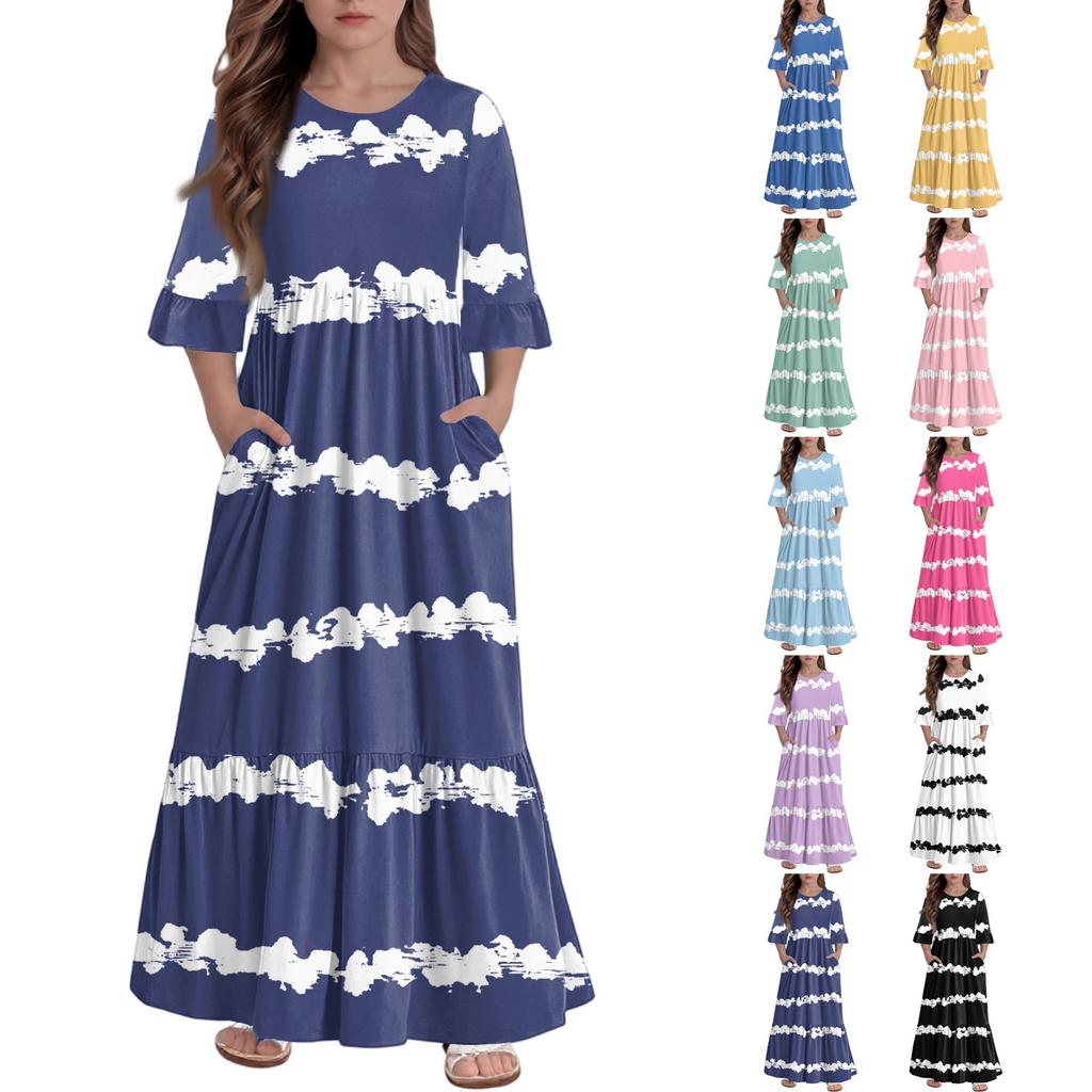 Girls' Tiered Ruffle Dress - 3/4 Sleeve Pocket Maxi With Pockets